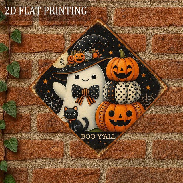HELLOYOUNG Halloween Kürbisschild aus Aluminiummetall im Vintage-Design für die Gartendekoration im Außenbereich, Durchmesser: 20,3 cm - Bild 1