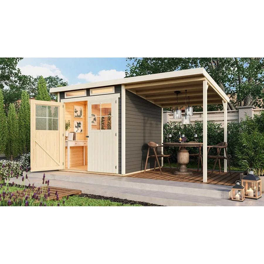 Karibu Holz-Gartenhaus Genf 3 in Terragrau aus nordischer Fichte mit Pultdach und Verglasung, B/T: 397 x 213 cm - Bild 2