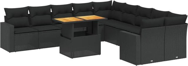 vidaXL 11-teilige Garten-Sofagarnitur in L-Form aus Polyrattan und Akazienholz mit Kissen, Schwarz - Bild 1