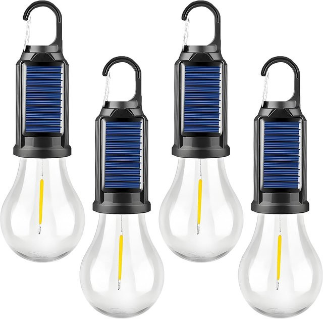 XIWANGFIRE Tragbare LED Camping Lampe mit Solar- und USB-Ladefunktion, Wasserdichtes Outdoor Nachtlicht in Schwarz mit Warmweißem Licht und Haken zur Aufhängung - Bild 1