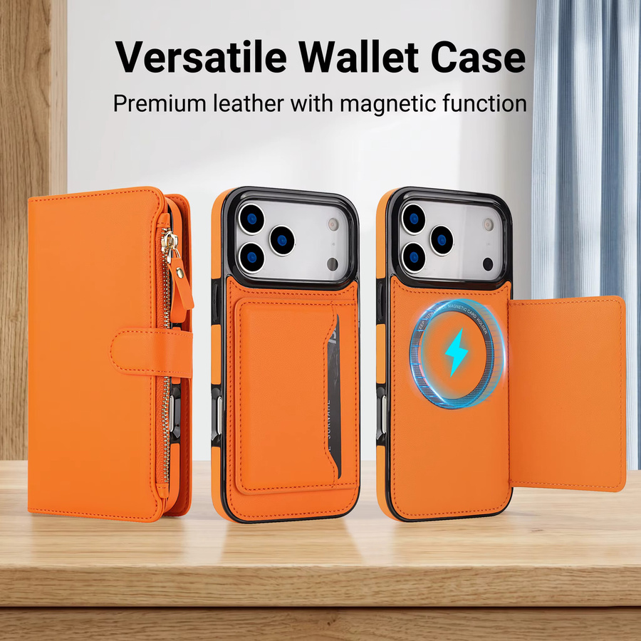 HQBBRO Crossbody Lederhülle für iPhone 11 bis 17 Pro Max mit Kartenfach und langer Umhängekordel, MagSafe-kompatibel, Weiß und Orange - Bild 5