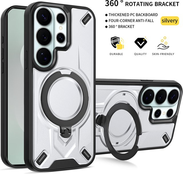 Stoßfeste magnetische Schutzhülle mit 360 Grad drehbarer und faltbarer Halterung für Samsung Galaxy S26 S25 S24 S23 FE Ultra Plus in Silber - Bild 1