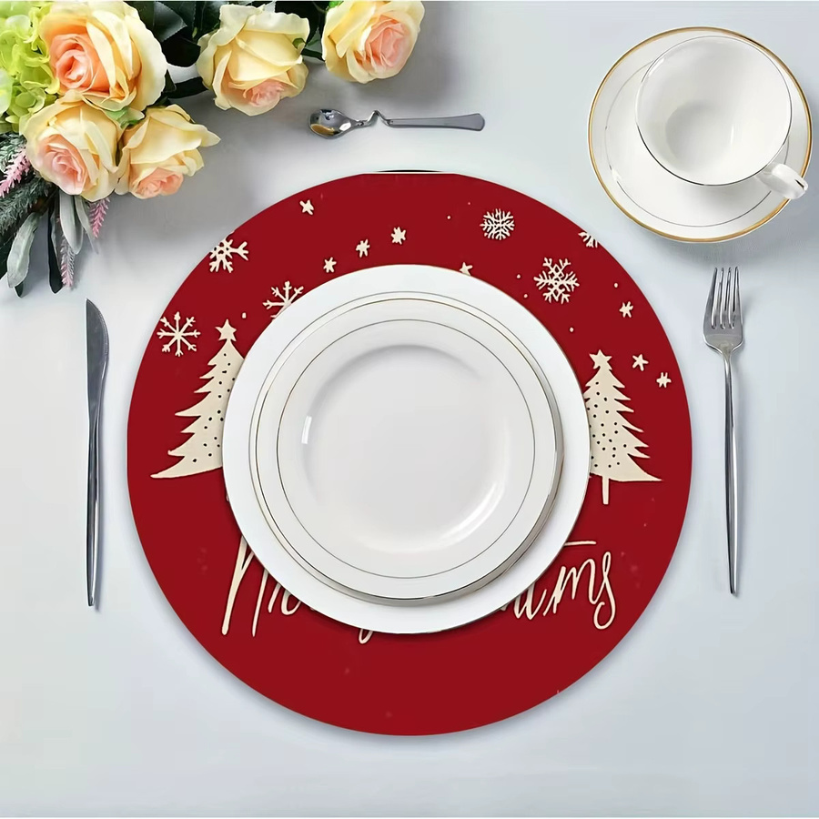 VIKAMA 4-teiliges Set weihnachtliche Platzsets aus Leinen in Rot mit Grafikdesign, rund, Durchmesser: 38 cm - Bild 2