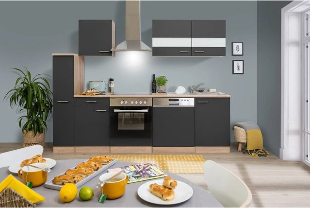 Respekta Küchenzeile KB250ESGC modern in Grau-Eiche Glänzend mit Einbaugeräten, Soft-Close-Türen und Glaselementen, Breite: 250 cm, Tiefe: 60 cm, Höhe: 82 cm - Bild 1