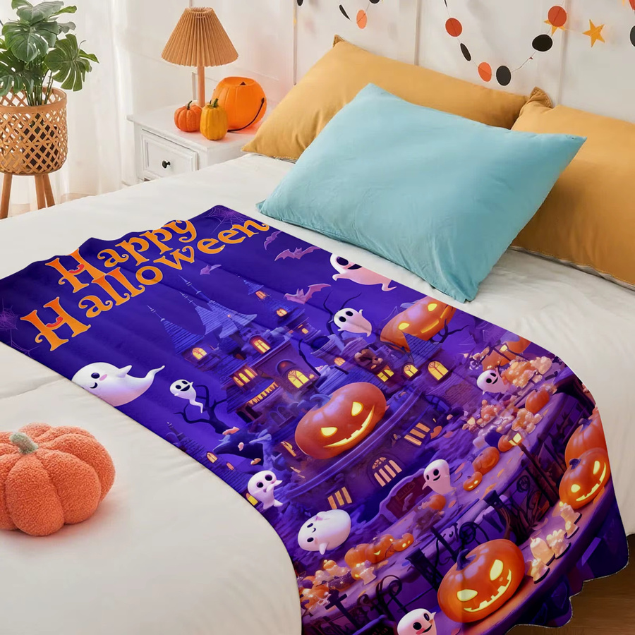 SRH Halloween Decke mit Jack-O'-Lanterns und Hexenabdrücken in Lila, weich für Sofa oder Reisen - Bild 4