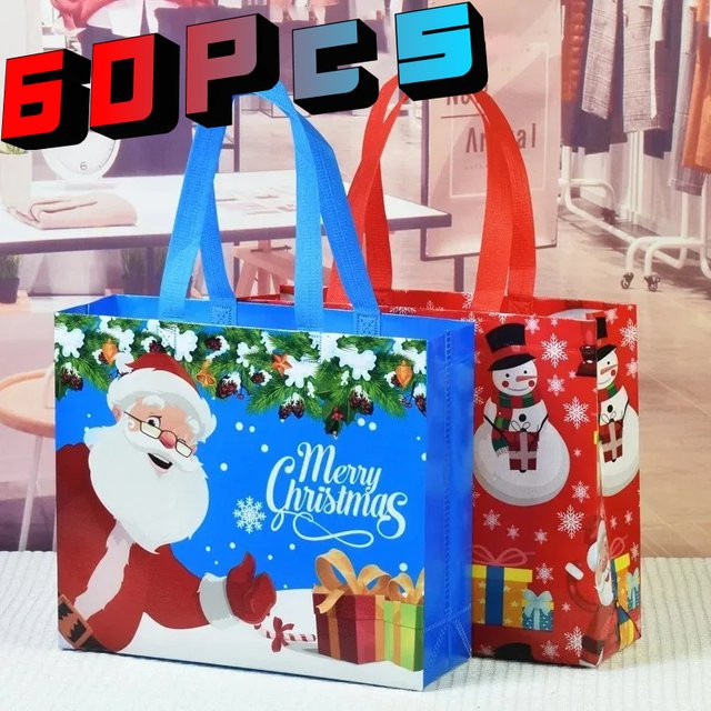 60er Set Weihnachts Geschenktüten aus wasserdichtem Vlies mit Santa, Elch und Schneeflocken Motiv in Blau - Bild 1