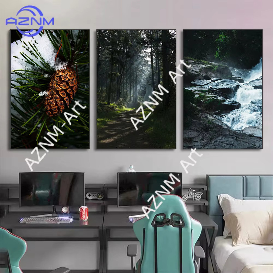 KAYOU Leinwandgemälde Naturlandschaft mit grünem Kiefernwald, Wasserfall und nebligen Bergen als Wandkunst zur Heimdekoration - Bild 2