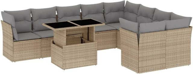 vidaXL 10-tlg. Garten-Sofagarnitur in L-Form aus Poly-Rattan mit Kissen, Beige - Bild 1