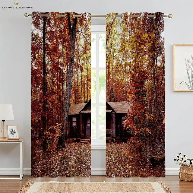 Yiran Furniture Vorhänge mit Wälder Naturlandschaft Motiv, 2-teiliges Set aus Polyester, Braun, B: 50 cm, H: 130 cm - Bild 1