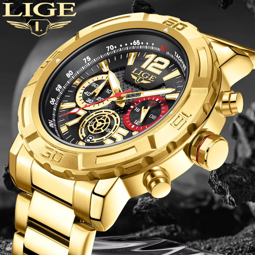 LIGE Armbanduhr, Quarz, Edelstahl, Schwarz, Gold, Herren - Bild 3