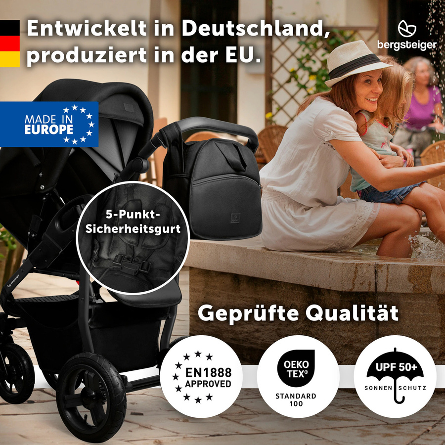 Bergsteiger Kinderwagen Capri 2in1 Kombikinderwagen in Schwarz mit Sportsitz und Babywanne - Bild 2