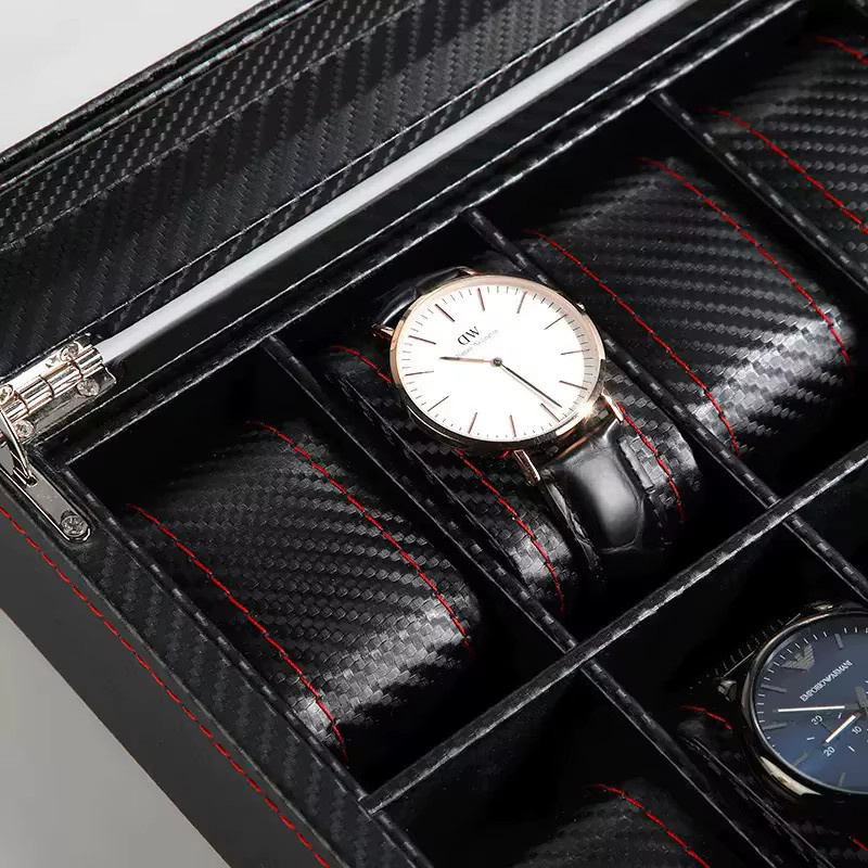 DOKW Uhrenaufbewahrungsbox in Schwarz mit Carbon-Grain-Optik als tragbare Schmuckpräsentationsbox für Brillen und Ohrringe - Bild 4