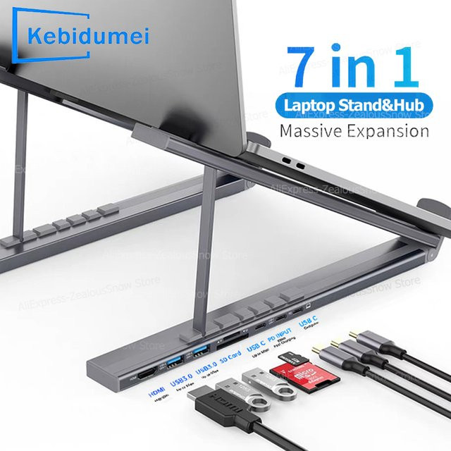 kebidumei 7-in-1 USB C Laptop Stand Docking Station mit HDMI, USB 3.0 und SD/TF Kartenleser, verstellbare Aluminium Halterung in Silber - Bild 1