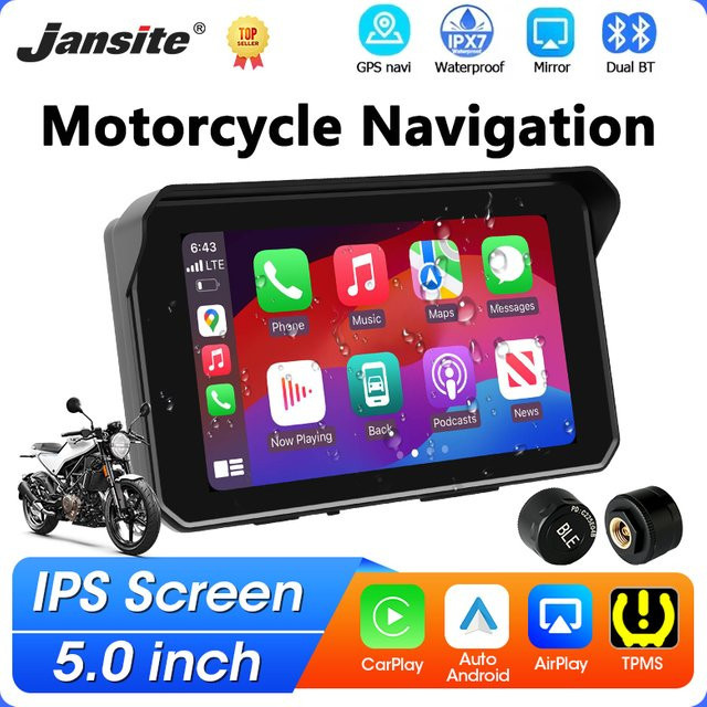 Jansite Tragbares 5-Zoll-Motorrad-Navigationsgerät mit GPS, Kabellosem CarPlay, Android Auto, Bluetooth und TPMS-Unterstützung, IPX7 Wasserdicht, Schwarz - Bild 1