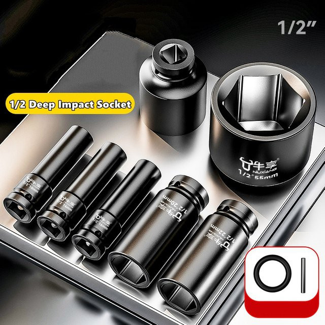 NIUXIANG Schlagschrauber-Steckschlüssel Set mit 1/2 Zoll Antrieb, Sechskant-Elektroschraubenschlüssel-Adapter, Schwarz, 8–28 mm - Bild 1