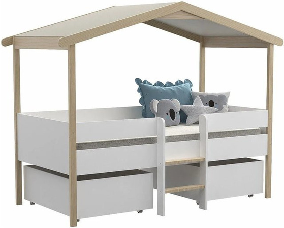 Vente-unique Hausbett Sarosi für Kinder aus Lindenholz in Weiß mit Schubladen, Höhe: 213,5 cm