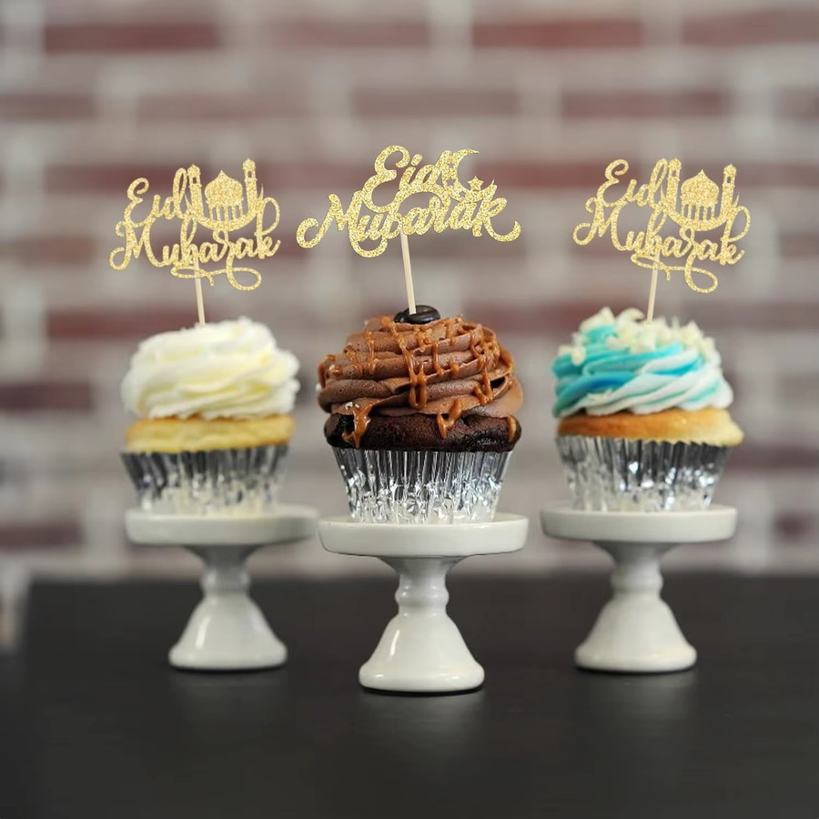 24er-Pack Eid Mubarak Cupcake Topper mit Glitzer Stern und Mond in Gold für Ramadan Kareem und islamische Partydekoration - Bild 4