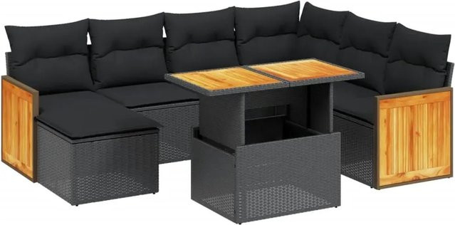 vidaXL 8-teilige Garten-Sofagarnitur mit Kissen aus Poly-Rattan und Akazienholz in Schwarz - Bild 1