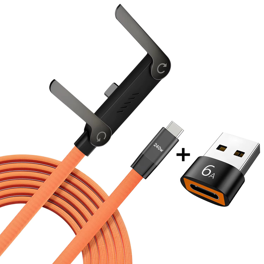 BESY 2-in-1 Schnellladekabel Typ-C zu Typ-C mit faltbarer Halterung für Telefon und Tablet, 240W, Schwarz/Orange - Bild 2
