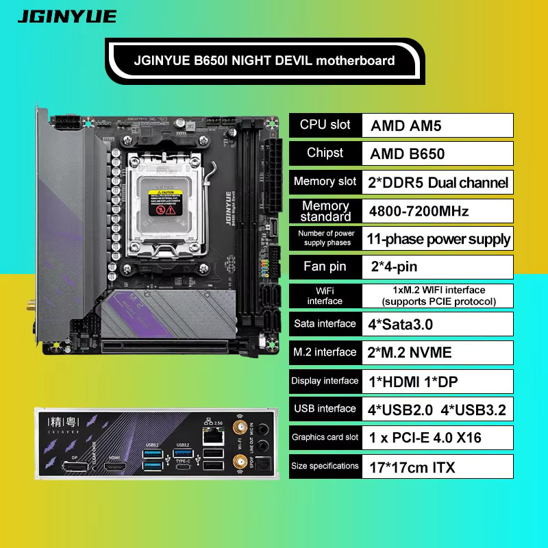 JGINYUE B650i Night Devil AM5 Mini-ITX Motherboard in Schwarz mit Unterstützung für AMD Ryzen 7000 Serie CPUs und DDR5 Dual-Channel RAM - Bild 3
