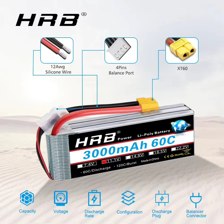 HRB 3S LiPo Batterie 11,1 V 3000mAh 60C mit XT60 Anschluss für RC FPV Flugzeuge, Drohnen, Racing-Boote und Autos - Bild 3