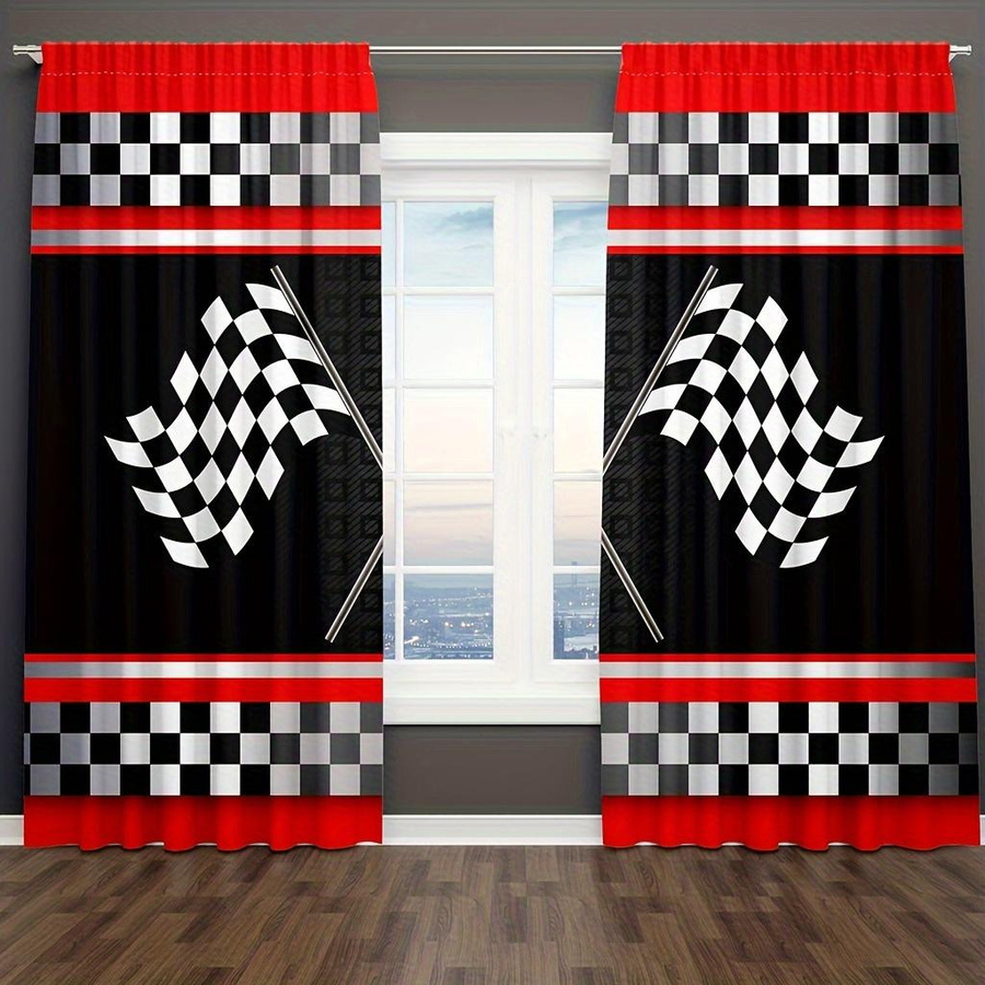 2er-Set Rennsport Vorhänge mit kariertem Checkmuster in Schwarz und Weiß, B: 150 cm, H: 166 cm - Bild 3