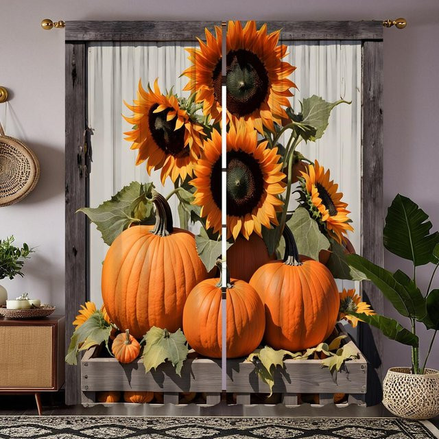 2er-Set Digital bedruckte Vorhänge mit Sonnenblumen und Kürbis-Motiv in Gelb und Schwarz, B: 132 cm, H: 160 cm - Bild 1