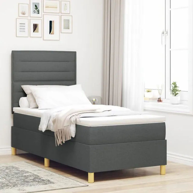 vidaXL Boxspringbett mit Matratze in Anthrazit und Grau aus Stoff, B/T/H: 90 x 190 x 128 cm - Bild 1