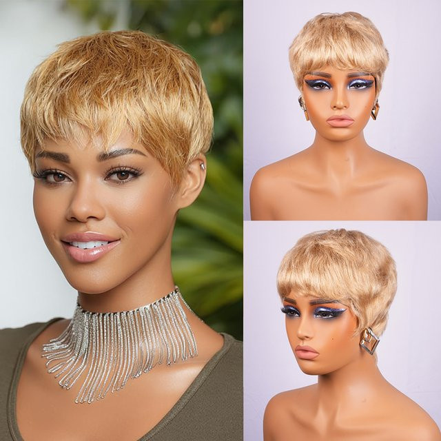 OYM HAIR Perücke, blonde Pixie-Schnitt-Perücke mit Pony, Echthaar, Damen - Bild 1