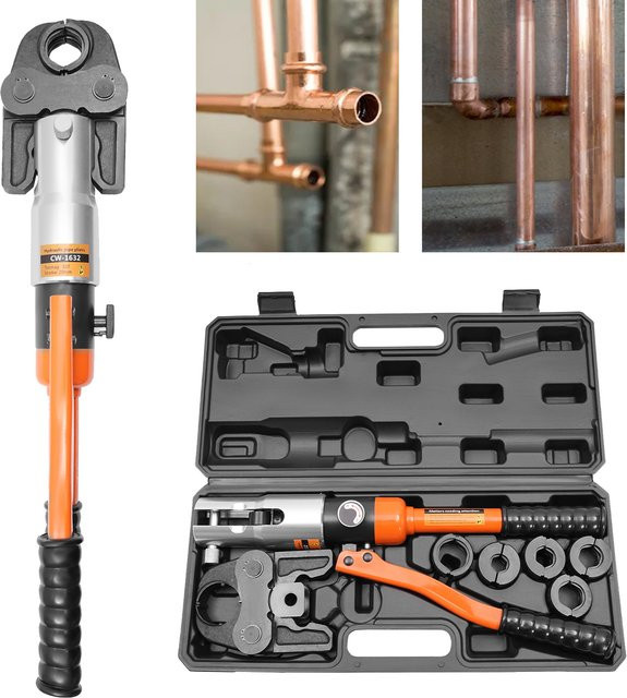 Rohrcrimpzange Set CW-1632 für Kupferrohrverschraubungen und Edelstahlrohr mit 5 Matrizen in Orange - Bild 1