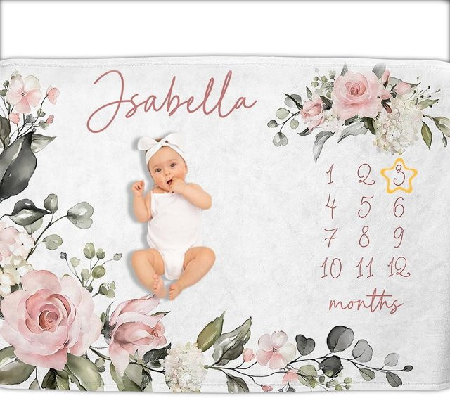 VIKAMA Personalisierte Baby-Monats-Fotografie-Decke mit floralem Design in Weiß - Bild 1