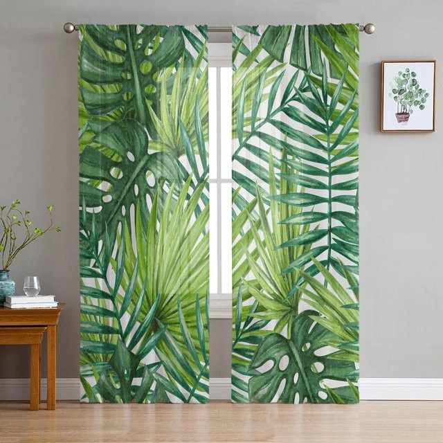 A Family Of Home Textiles Transparent Voile-Vorhang mit grünem Blätter-Dschungel-Design, Breite: 135 cm, Höhe: 114 cm - Bild 1