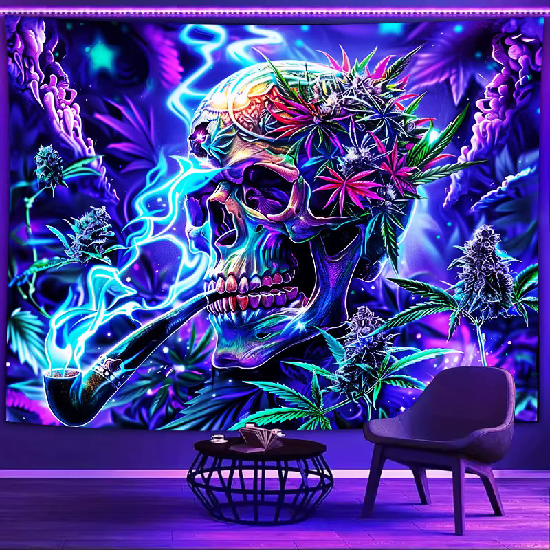 VIKAMA Psychedelischer Totenkopf Wandteppich in Multicolour mit Neon-Raucheffekten und abstraktem Grafikdesign für dein Wohnzimmer oder Party-Raum, B/H: 60 x 40 cm - Bild 2