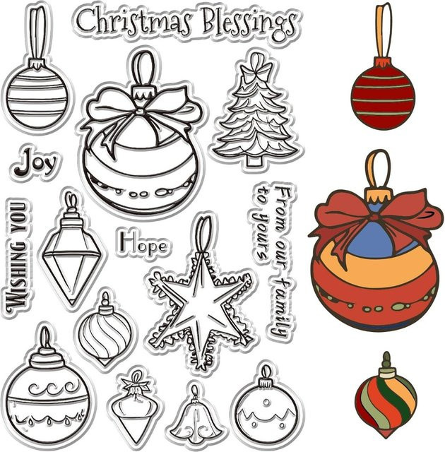 Wiederverwendbare transparente Gummistempel für Weihnachten mit Weihnachtsglocken, Baum und farbigen Kugeln in Multicolour - Bild 1