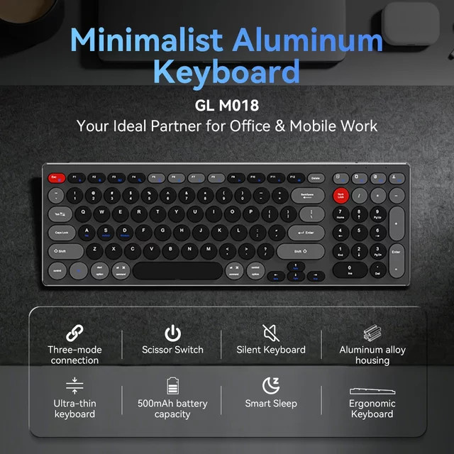 GULIAN KB-M018 Ultraflache Tri-Mode-Tastatur aus Aluminiumlegierung mit Scherenschalter-Mechanismus in Schwarz - Bild 1