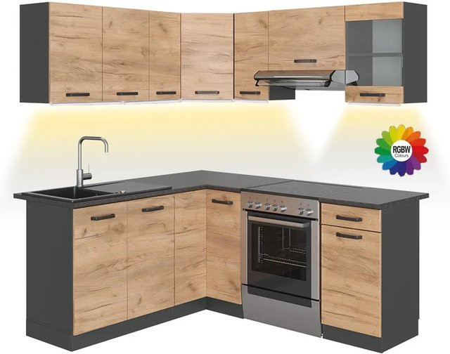 Vicco Rick Eckküche Anthrazit und Eiche Goldkraft in Schwarz mit LED-Leisten, B/T/H: 187 x 167 x 82 cm - Bild 1