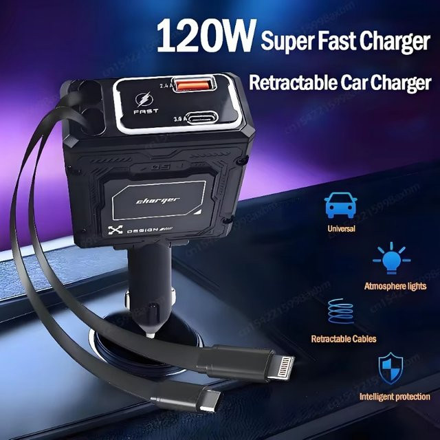 4-in-1 Einziehbares Autoladegerät mit 120 W Schnellladefunktion und USB Typ-C Anschlüssen in Schwarz - Bild 1