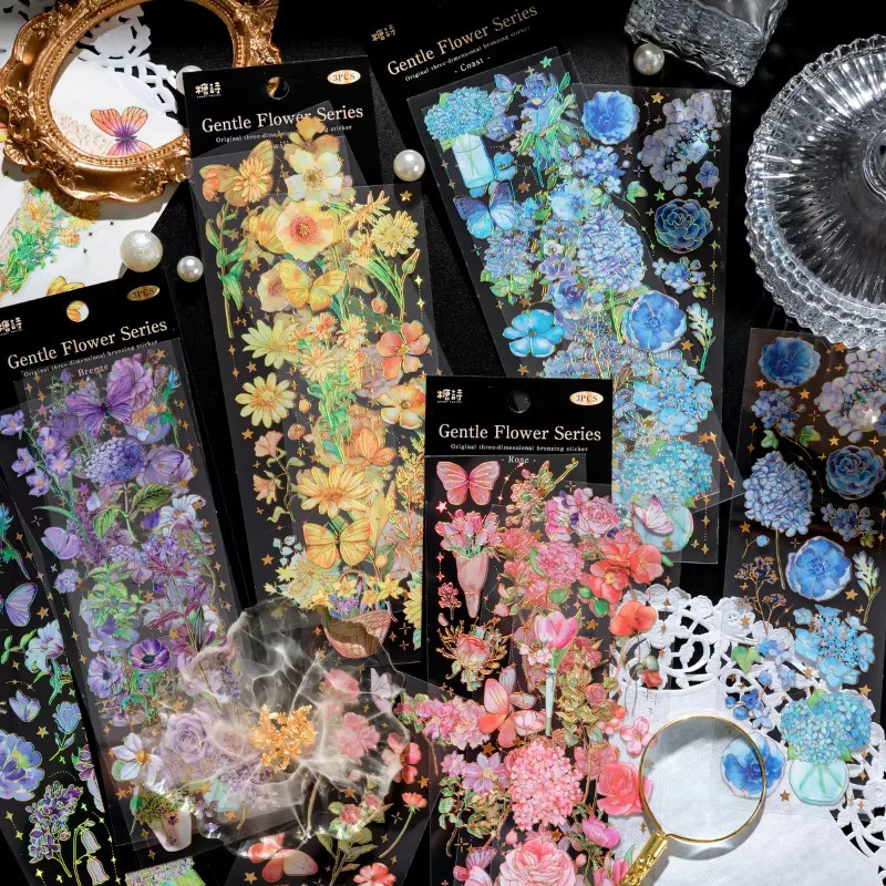 Journamm 3er-Paket wasserfeste DIY Aufkleber mit Blumen- und Haustier-Motiven in Goldoptik für Scrapbooking und Junk Journal Dekor, Mehrfarbig - Bild 1