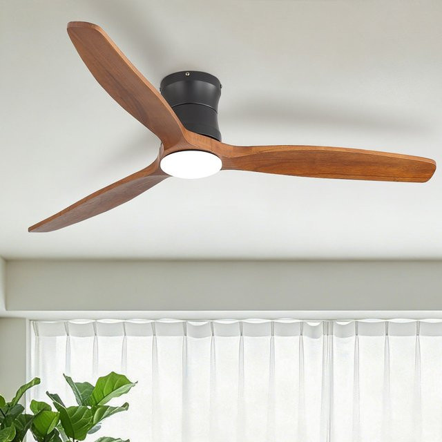 SONNI Deckenventilator mit LED-Beleuchtung und Fernbedienung, moderner Ventilator mit 3 Massivholzflügeln in Braun, leiser DC-Motor, dimmbar und mit Timer, Durchmesser: 132 cm - Bild 1