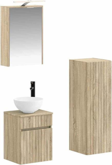 vidaXL Badezimmermöbel-Set 4-teilig in Sonoma-Eiche mit Waschtischunterschrank, Spiegelschrank und Wandunterschrank, Farbe Braun, mit LED-Beleuchtung und Glasfronten - Bild 1