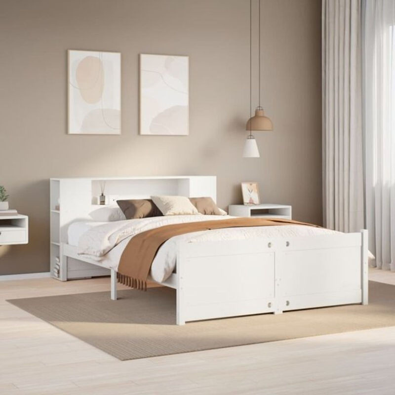 Massivholzbett Vidaxl aus Kiefer mit Regal in Weiß B: 150 cm, L: 200 cm - Bild 1