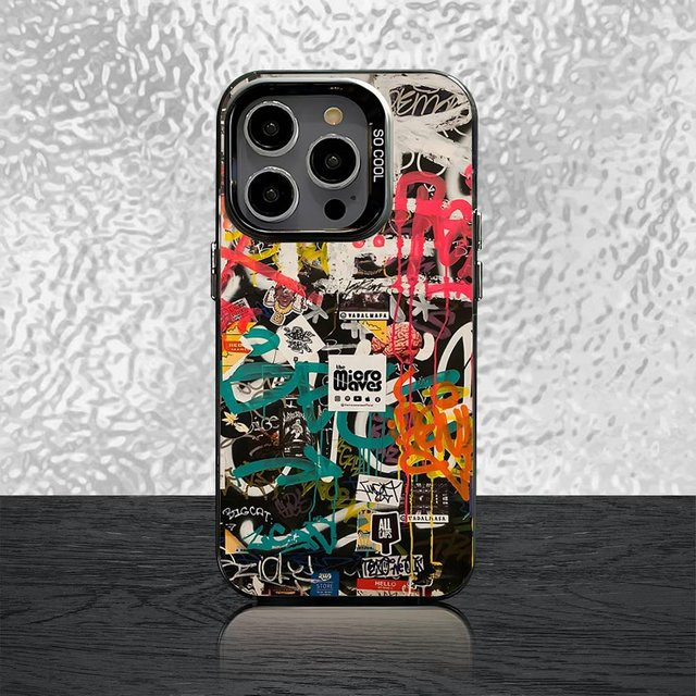 Stoßfeste Handyhülle mart35 mit buntem Graffiti-Design in Schwarz für iPhone 11 bis iPhone 16 Pro Max und SE - Bild 1