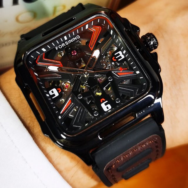 Forsining Armbanduhr, Automatik, eckig, Leder, Edelstahl, Schwarz, Herren - Bild 1