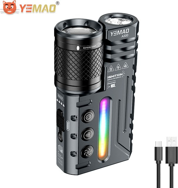 YEMAO A300 Dual-Core EDC-Taschenlampe in Schwarz mit 3500 lm, zoombarem Flutlicht, 400 m Reichweite, RGB-Atmosphärenlicht und 4800 mAh Akku - Bild 1