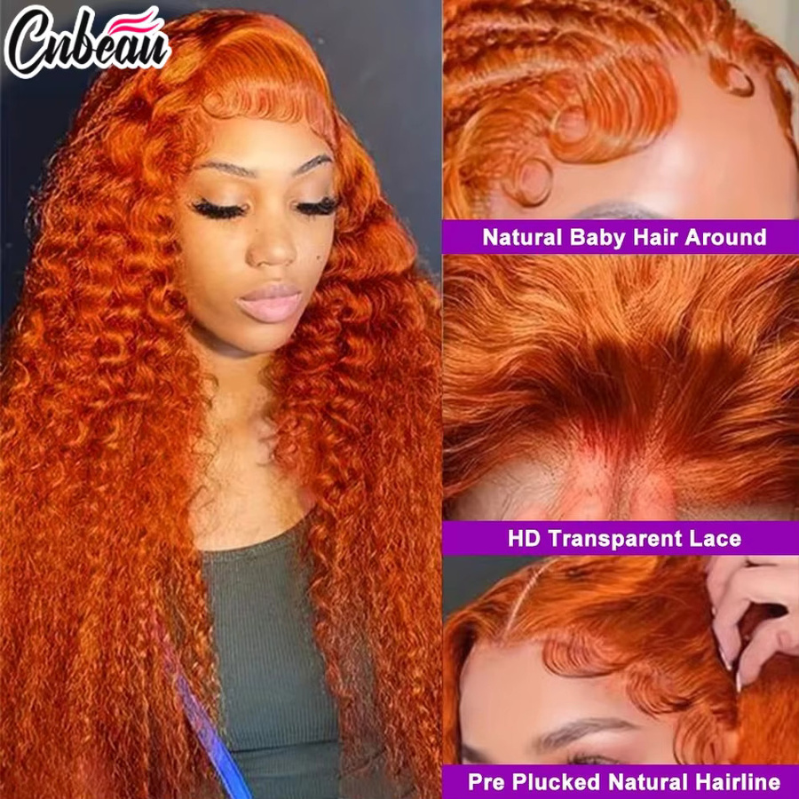 CNBEAU Perücke, 100 % Echthaar, lockig, Ingwer-Orange, HD-Spitze-Frontal-Perücke - Bild 4