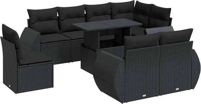 vidaXL 9-tlg. Garten-Sofagarnitur in L-Form aus schwarzem Poly-Rattan mit Kissen und pulverbeschichtetem Stahlgestell - Bild 1