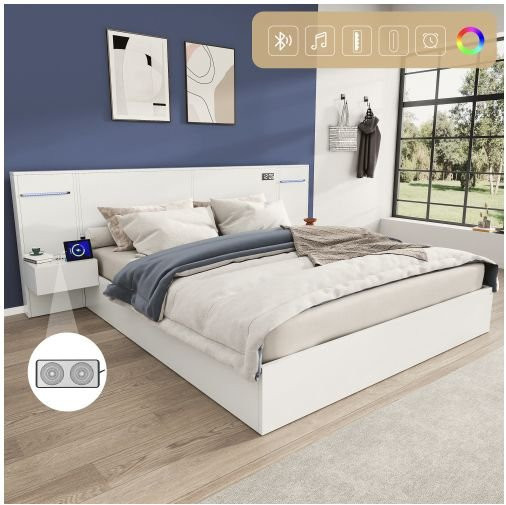 MUVOE Doppelbett mit integrierter Matratze und USB-Anschluss, Farbe Weiß, B/T/H: 180 x 200 cm - Bild 1