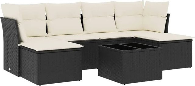 vidaXL 7-tlg Garten-Sofagarnitur in L-Form aus schwarzem Poly-Rattan mit Kissen und pulverbeschichtetem Stahlgestell - Bild 1