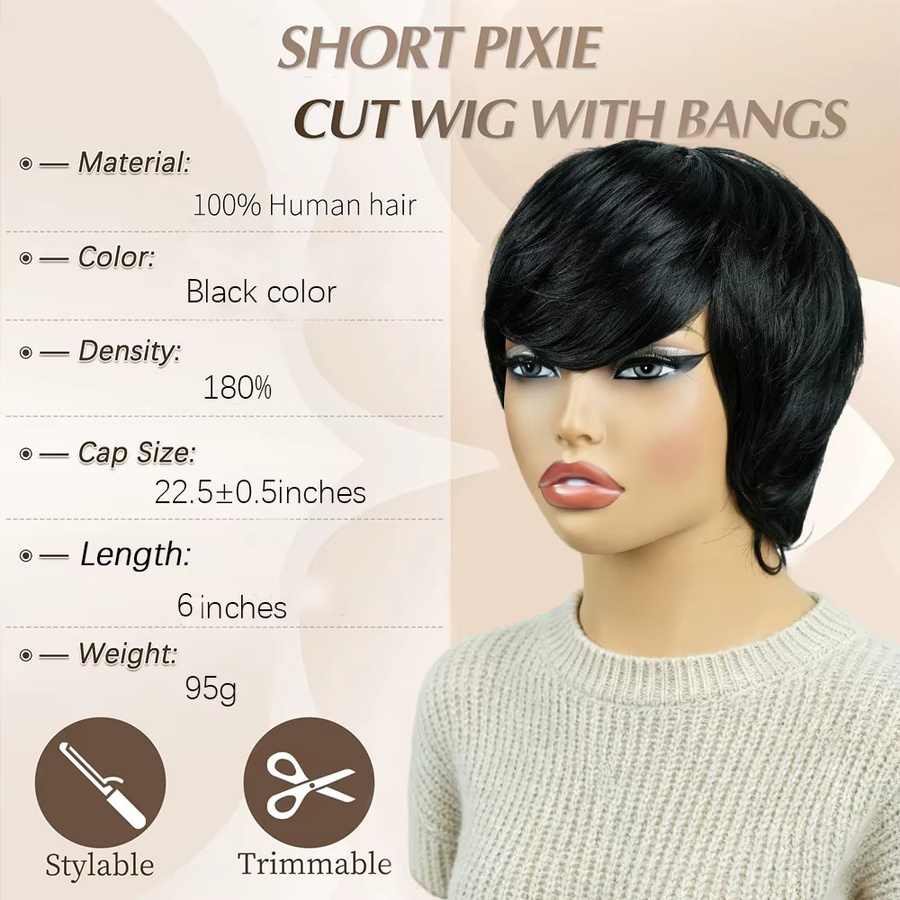 OYM HAIR Pixie-Cut-Echthaarperücke für Damen, schwarz, mit Pony - Bild 2