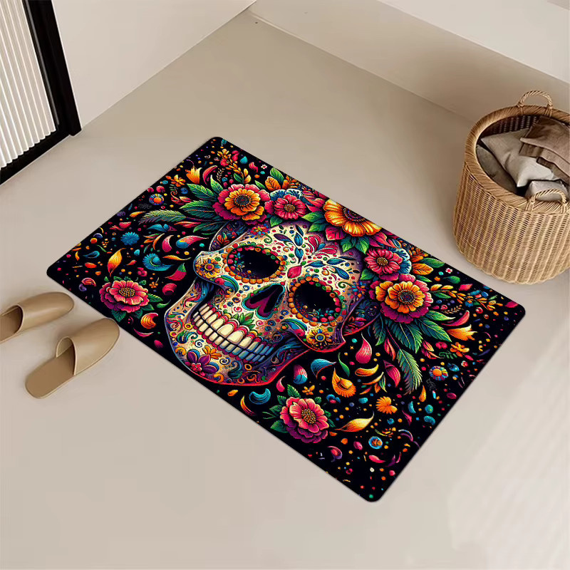 VIKAMA Halloween Totenkopf-Teppich, rutschfeste Bodenmatte im mexikanischen Tag der Totenfest Design, mehrfarbig, B/T: 60 x 40 cm - Bild 3